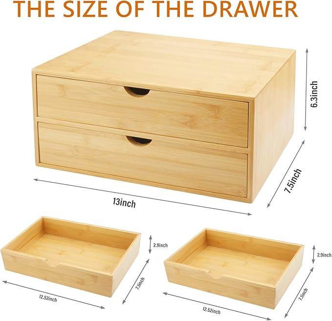 Charmewooden Bamboo Desk Organizer With Drawers Countertop Drawers Counter Storage Box Corner Desk Organizer for Home Office No Assembly Required (2 Drawers)