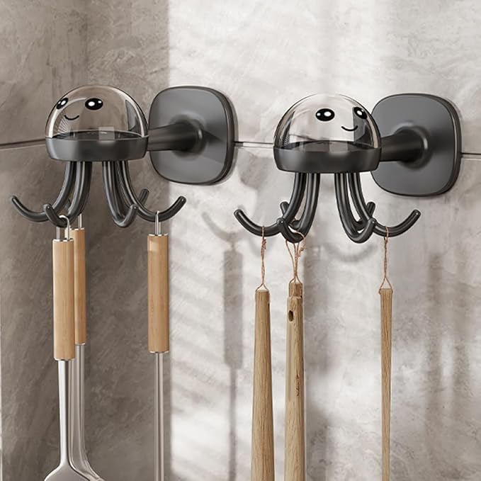 Beaupretty Rotating 6-Claw Utensil Hook Wall Mounted Kitchen Organizer Rack, Punch-Free Lightweight Black Storage Hanger for Cooking Tools and Utensils