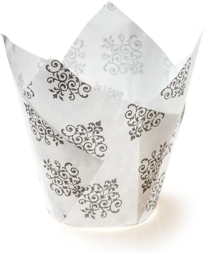 Restaurantware Panificio 1.7 Ounce Baking Cups 200 Tulip Cupcake Liners - Oven-Ready Freezable Black And White Paper Muffin Cases Disposable Vintage Floral For Wedding Parties Baby Showers