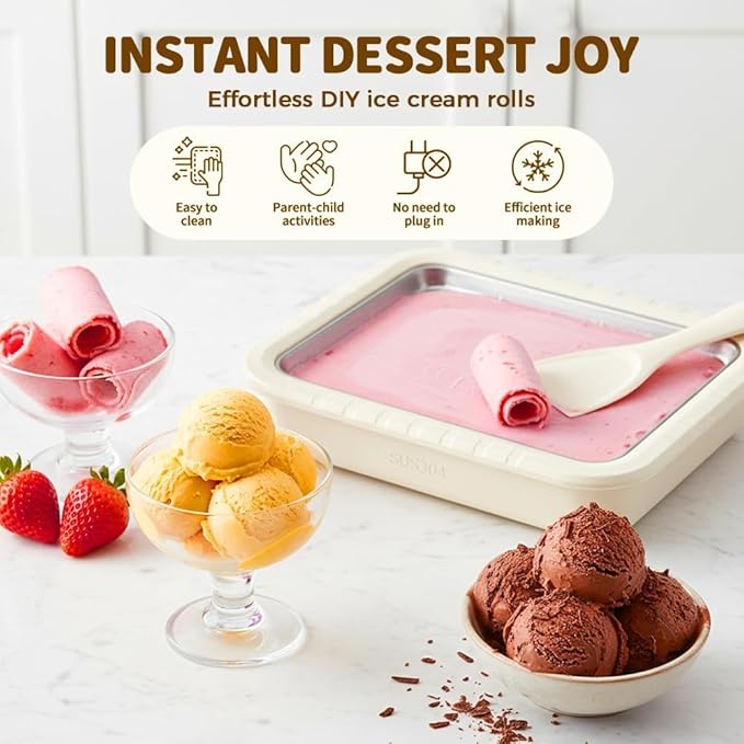 Rolled Ice Cream Maker Tray with Lid and 2 Scrapers, 304 Stainless Steel Ice Cream Roll Pan, 10.2 x 8.3 x 1.3 Inch Manual Instant Frozen Dessert Maker for DIY Ice Cream, Yogurt, Sorbet, Family Fun