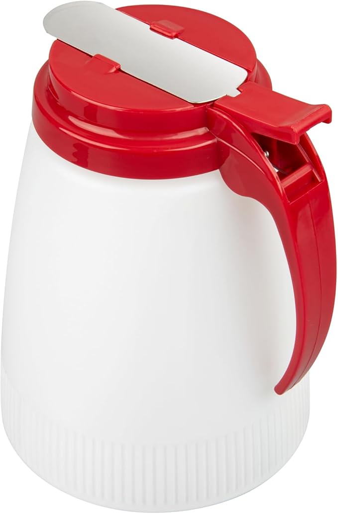 Restaurantware-Chef 101 48 Ounce All Purpose Syrup Dispensers, 10 Honey Dispensers - Red Top, Stainless Steel Slide Cover, Plastic Pancake Syrup Bottle, Perfect For Diners, Restaurants, Home