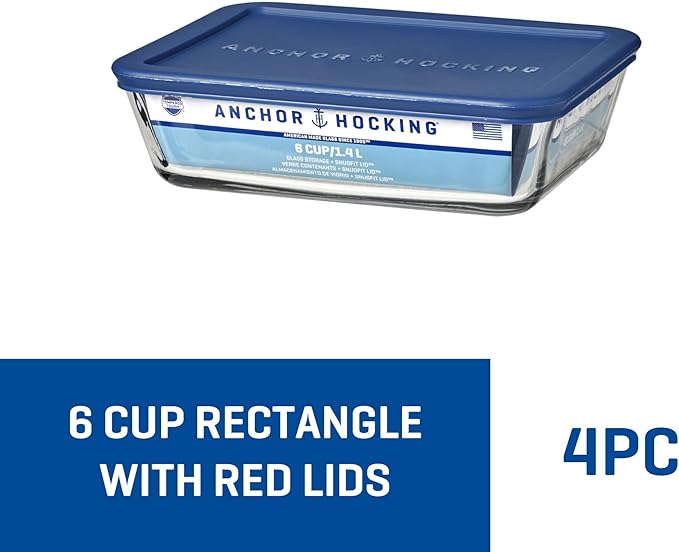 Anchor Hocking SnugFitTM Rectangular Food Storage Containers with Lids (4-Piece, 6-cup, Navy Blue, oven-safe)