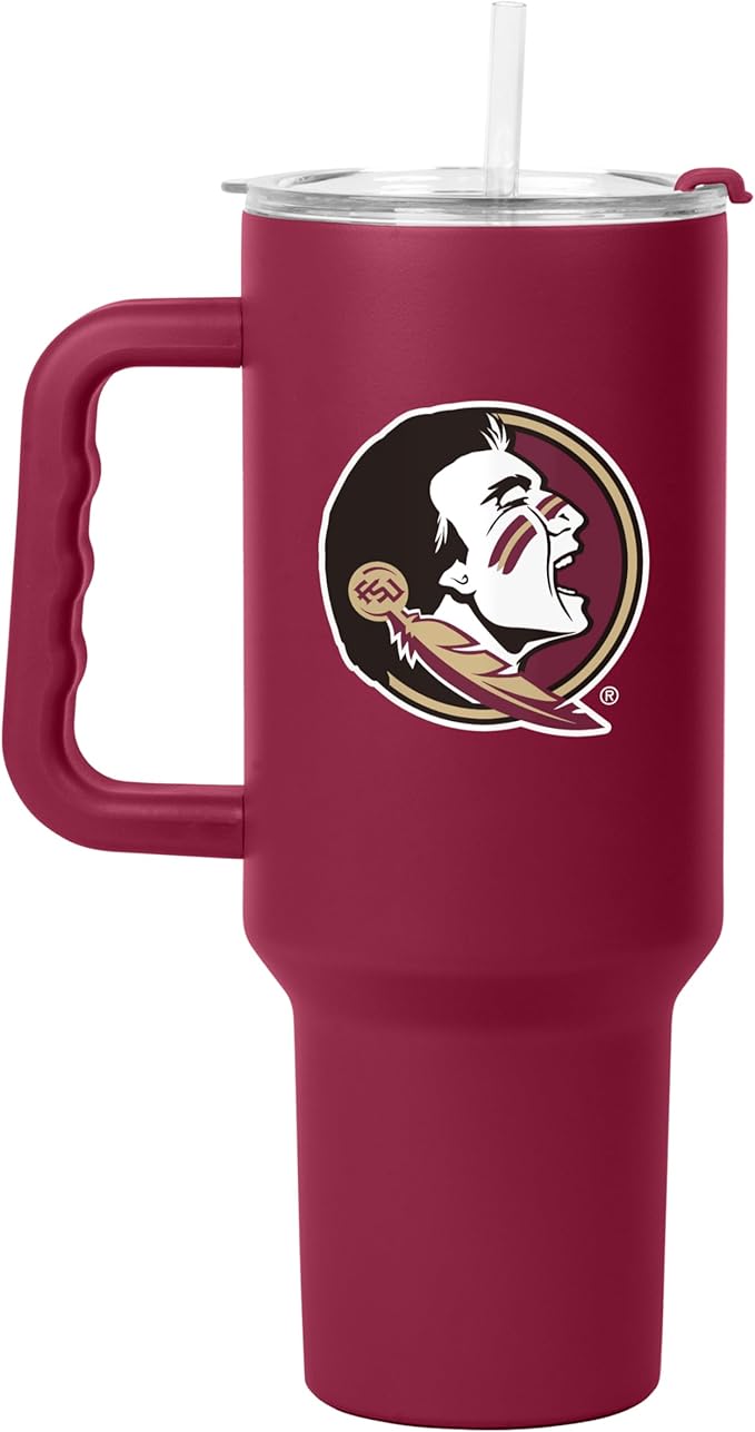 Logo Brands NCAA 40 oz Tumbler with Handle -Stainless Steel Insulated Travel Tumbler with Straw Lid – Powder Coated, Leak-Resistant, Keeps Drinks Hot/Cold – Great for Tailgating, or Everyday Use