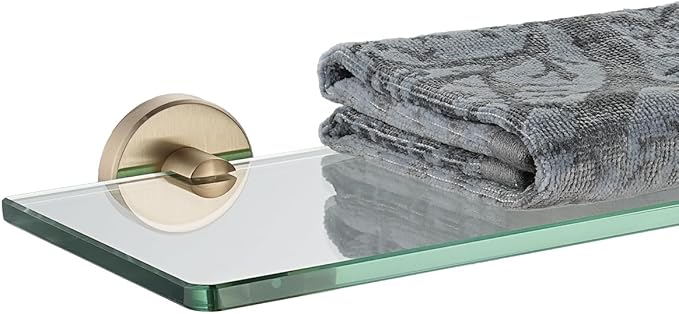 JQK Bathroom Glass Shelf, Floating Tempered Glass Shower Storage 16 by 5 inches, 304 Stainless Steel Champagne Bronze Wall Mount, TGS101L16-CB