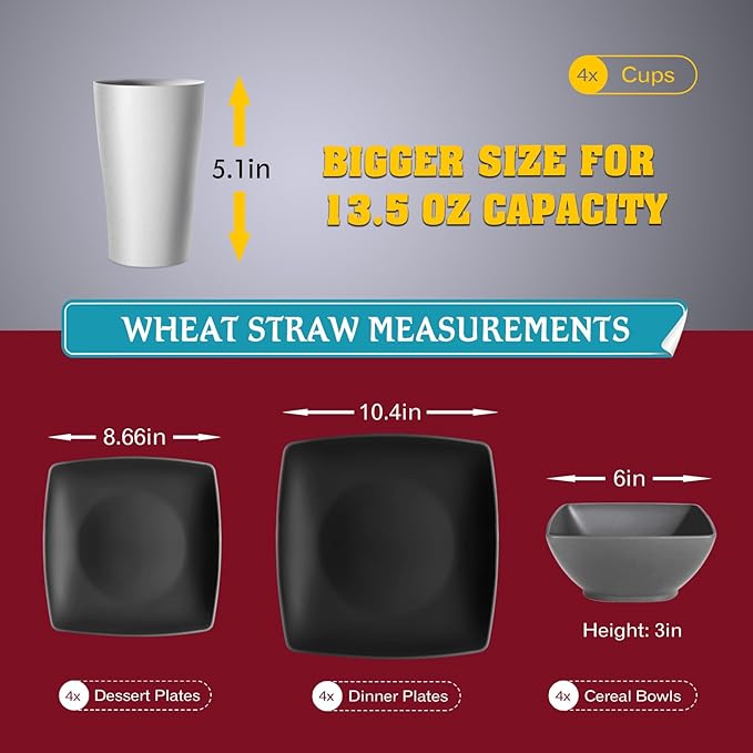 Teivio 16-piece Plastic Wheat Straw Square Dinnerware Set for 4, Unbreakable Dinner Plates, Salad Plates, Snack Bowls, Tumblers 13.5 oz, Dishwasher Safe, Gray Ombre