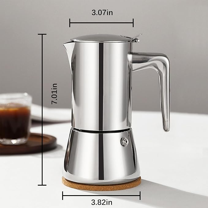 4 Cups Food-Grade Thickened Stainless Steel Moka Pot - Non-Coated Italian Greca Espresso Maker 200ml (6.8oz), Manual Stovetop Coffee Maker with Safety Valve, Suitable for all Types of Hobs