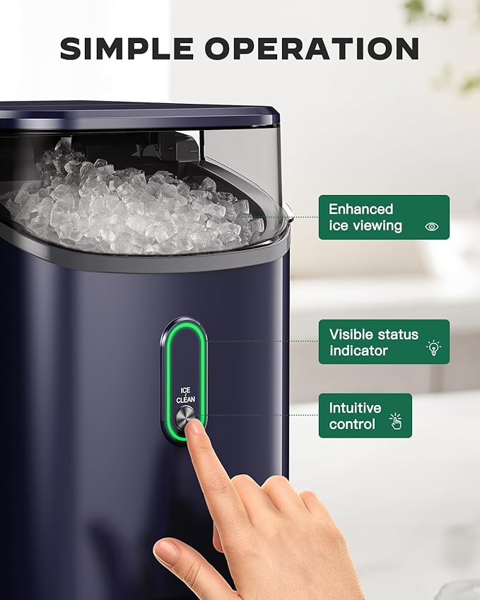 Nugget Ice Maker Countertop, Pebble Ice Maker with Crushed Ice, One-Click Operation Ice Machine with Self-Cleaning, 33lbs/24H for Home, Kitchen, Office, Blue
