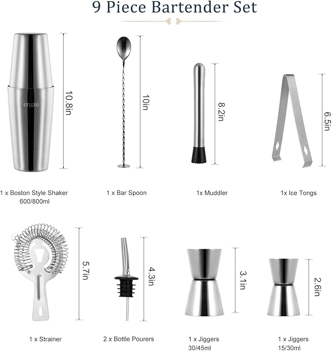 9-Piece Cocktail Shaker Set – 800ml Boston Shaker Dual Jiggers Muddler Bar Spoon Strainer Tongs & Pourers – Gift Box for Home Entertaining