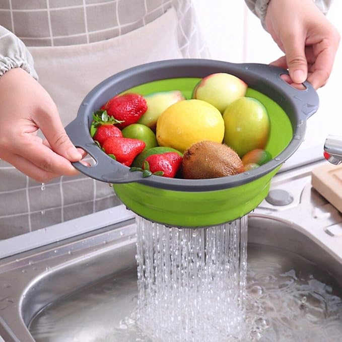 QiMH Collapsible Colander Set of 3-2 PC 4 Quart and 1 PC 6 Quart Over the Sink Colander - Food-Grade Sturdy Plastic Base - Round Space-save Silicone Kitchen Foldable Food Strainer