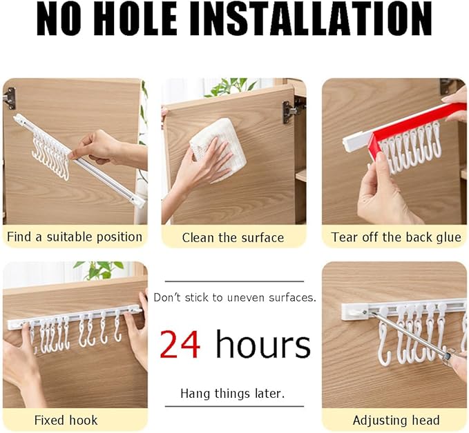 Utility Slide Rail Hook,Under Cabinet Kitchen No Punching Hooks for Hanging Utensil,Bathroom Bedroom Office Wall Door Rack with 10 Hooks,2Pieces