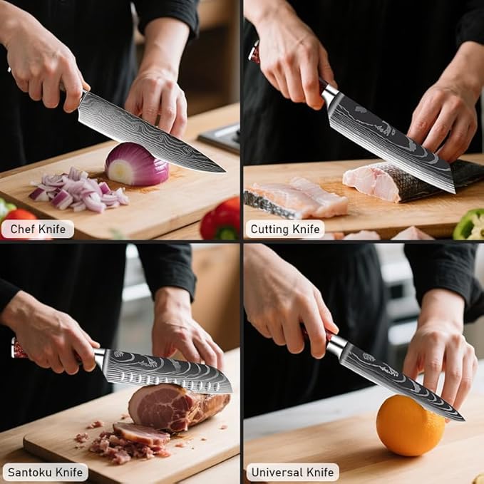 8-Piece Premium Japanese Kitchen Knife Set - Imperial Collection, Laser Damascus Pattern, 440A Stainless Steel Ultra Sharp for Fast Cutting (Purple 8J)