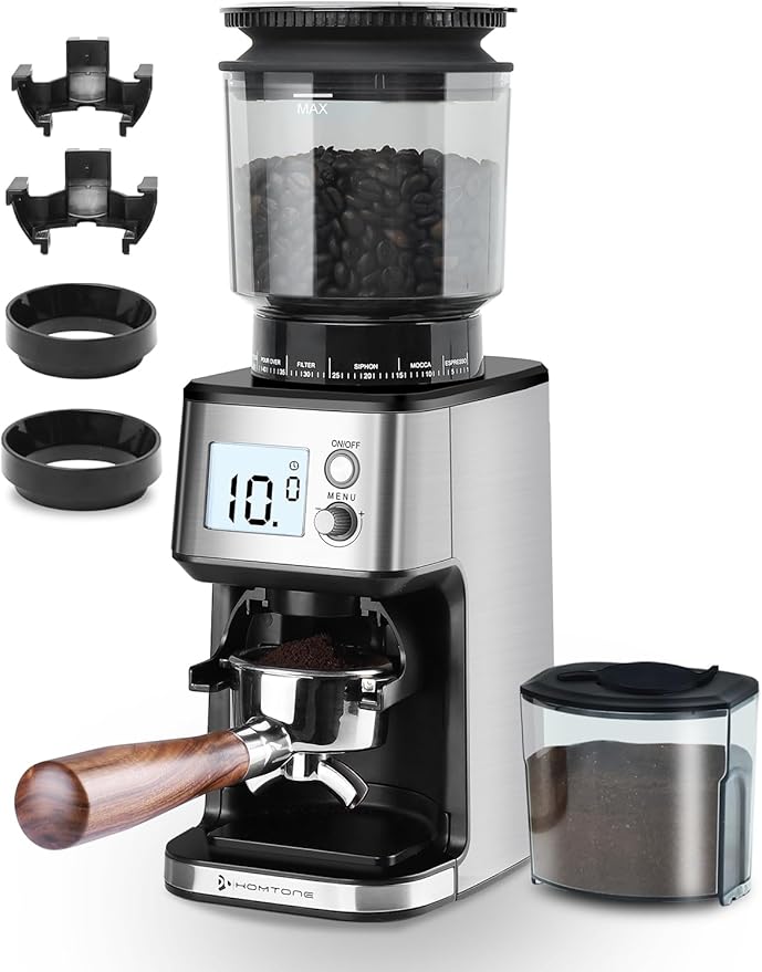 Homtone Commercial Conical Burr Grinder, 51-Setting Electric Espresso Grinder for 51-58mm Portafilters with Timer, Anti-Static, Low Noise for Cafe Home