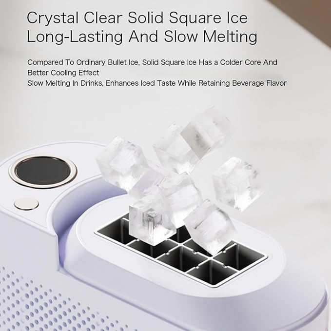 Countertop Ice Maker, Electric Ice Machine, 8 Cubes Ready in 10 Mins, Portable Ice Cube Maker with Car Power Cord, for Home & All Spaces, Clear & Large Ice Cubes,Purple