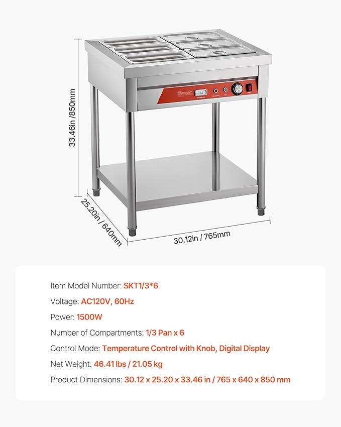 Happybuy 6-Pan Commercial Food Warmer, 1500W Electric Steam Table with Undershelf, Stainless Steel Buffet Server for Restaurants, Parties, and Hotels
