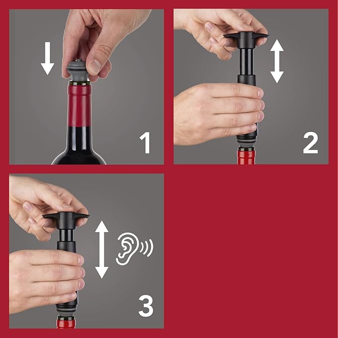 Vacu Vin Wine Saver Pump Gray with Vacuum Wine Stopper - Keep Your Wine Fresh for up to 10 Days - 1 Pump 4 Stoppers - Reusable - Made in the Netherlands