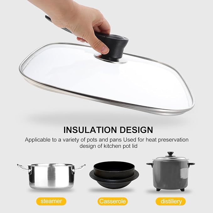 UPKOCH Basting Cover Square Glass Lid Replacement Cast Iron Grill Pan Skillet Lid Universal Pot Lid Pan Cover Steaming Cover Cookware Lid with Handle for Kitchen