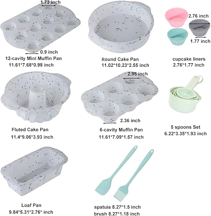 23 PCS Silicone Baking Set, Nonstick Pans Sets with Round Cake Pans, Muffin Pan, Baking Cups and Spoons for Making Bread, Cupcakes and Desserts (White)