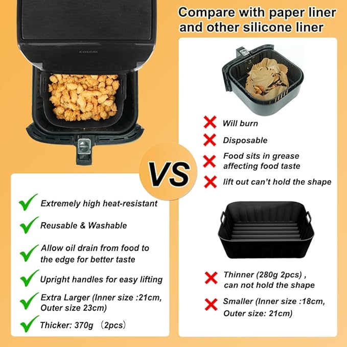 BYKITCHEN 9 Inch Square Silicone Air Fryer Liners for 6 to 8QT, Set of 2, Reusable Silicone Airfryer Tray Insert, Air Fryer Accessories for Corsori 6QT, Ninja Airfryer Pro XL 6.5QT, Gourmia & More