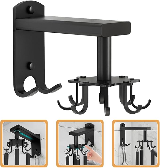 FRCOLOR Rotatable 8-Claw Kitchen Utensil Hooks Black Thickened Space Aluminum Alloy Swivel Wall Mount Organizer for Hanging Cooking Tools and Measuring Cups