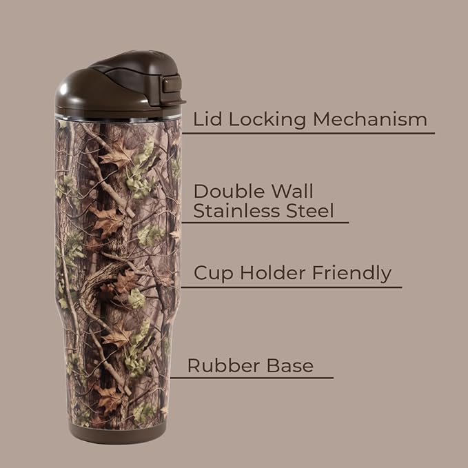 HydroJug Ease2o Water Bottle with Straw & Chug Lid, Stainless Steel, Vented Cap to Help Reduce Pressure, Water-Level Window, Cup Holder Friendly, Non-Slip Base – 32oz, Woodland