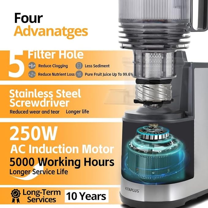 Cold Press Juicer, Upgraded AC Motor Masticating Juicer, Food-Grade Stainless Steel Auger, BPA-FREE Slow Juicing Extractor Machine with Easy Clean 5.8" Feeding Chute for Whole Vegs and Fruits