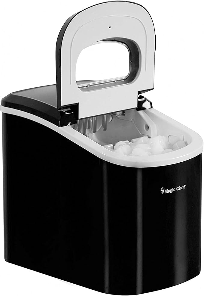 Magic Chef 27-Lb. Portable Ice Maker in Black, Tabletop Ice Maker for Kitchen, Apartment, Dorm, and Basement with Viewing Window, 2 Ice Cube Sizes, and Ice & Water Level Indicator Lights
