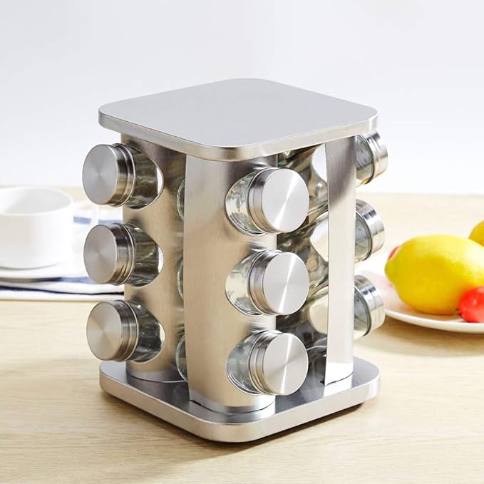 Rotating Spice Rack Organizer with 12 Jars - Revolving Standing Seasoning Tower with 12 Glass Bottles for Countertop Kitchen Cabinet, Stainless Steel, Silver