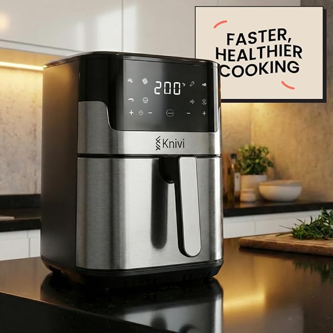 Knivi 8L Stainless Steel Air Fryer – 1500W Digital Touchscreen Airfryer Oven with 8 One-Touch Presets, Defrost & Bake – Large Family Size Non-Stick Basket, Dishwasher Safe – Silver