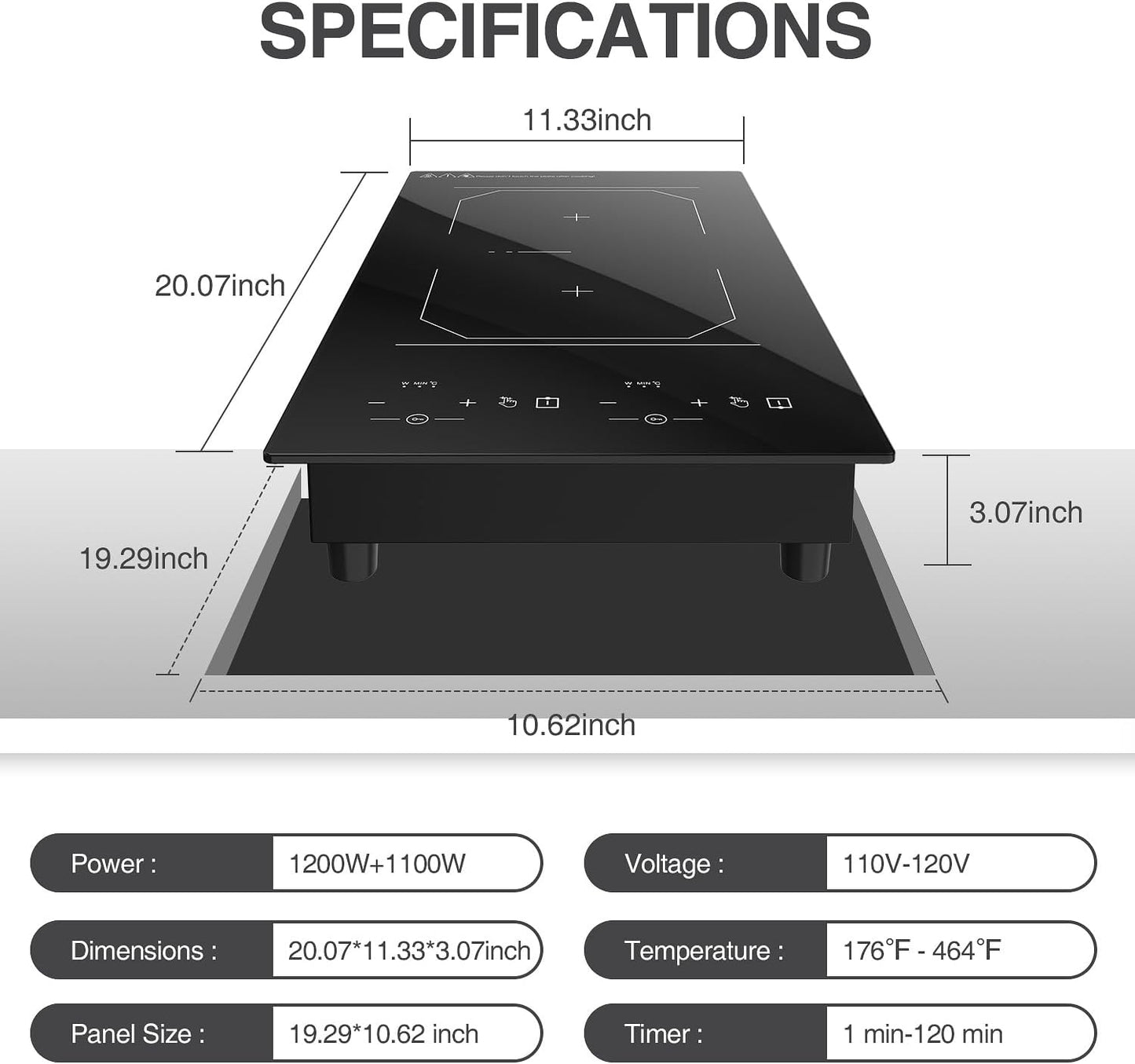 Double Induction Cooktop 2 Burner: 12 Inch 110v Built-in & Portable Electric Stove Top - 2300W Electric Cooktop with 9 Temp Settings, Countertop Cooktop for RV, Camping, Travel