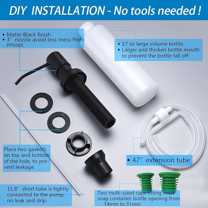 Built in Soap Dispenser for Kitchen Sink, Kitchen Soap Dispenser Stainless Steel Pump Set for Dish Soap or Lotion with 47" Extension Tube and 500ml Bottle (Black Matte)