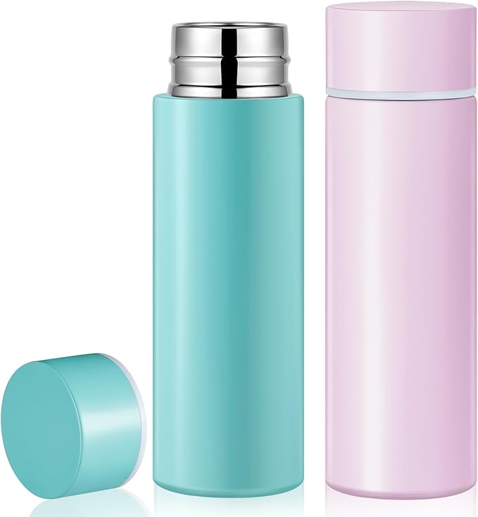 Irenare 5oz Mini Water Bottle Mini Insulated Stainless Steel Bottle Purse Water Bottle Cute Leak Proof Flask Keeps Drink Cold and Hot for Purse Women(Blue, Purple,2 Pieces)