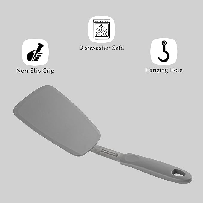 Restaurantware Comfy Grip 11.9 x 3 Inch Silicone Turner 1 Durable Cooking Turner - Stainless Steel Body Rubber Handle With Hole Red Silicone Flipper Spatula Tolerates Up To 446F Dishwashable