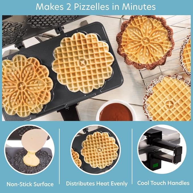 Pizzelle Maker- Non-Stick Electric Baker Press Makes Two 5-Inch Cookies at Once, Even Heating Plates- Must Have Party Baking Supplies- Italian Dessert Treat Making w Recipe Guide- Mothers Day Gift