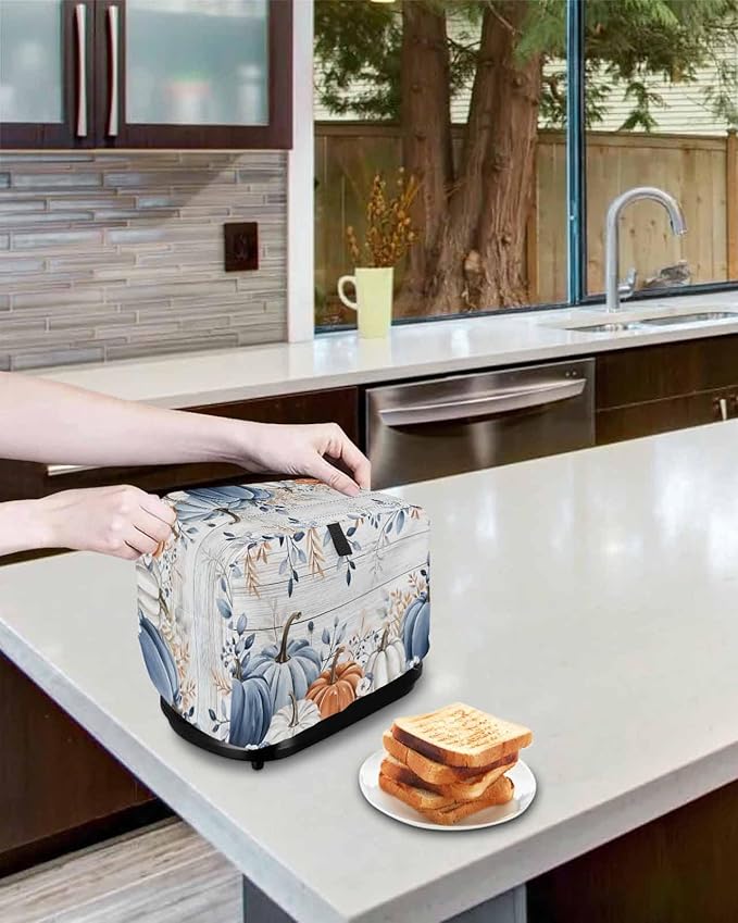 Blue Pumpkins Fall Toaster Cover 2 Slice, Thanksgiving Eucalyptus Leaves Dustproof Bakeware Oven Protector with Hook, Rustic Wooden Waterproof Small Kitchen Appliance Toasters Dust Cover, 12"x7.5"x8"