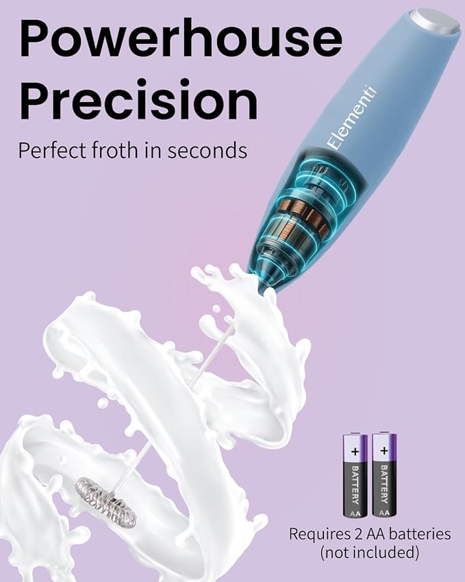 Elementi Electric Milk Frother Handheld - Create Creamy Coffee, Delicious Matcha and Perfect Drinks - Compact Whisk & Mixer with Stand (Pastel Blue)
