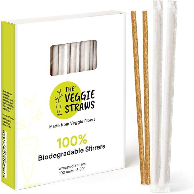 100% Biodegradable Individually Wrapped Cocktail Stirrers – 100 PCS of 5.50 Inches Premium Quality Disposable Coffee Stirrers, Best Biodegradable Stirrers for All Drinks – By The Veggie Straws