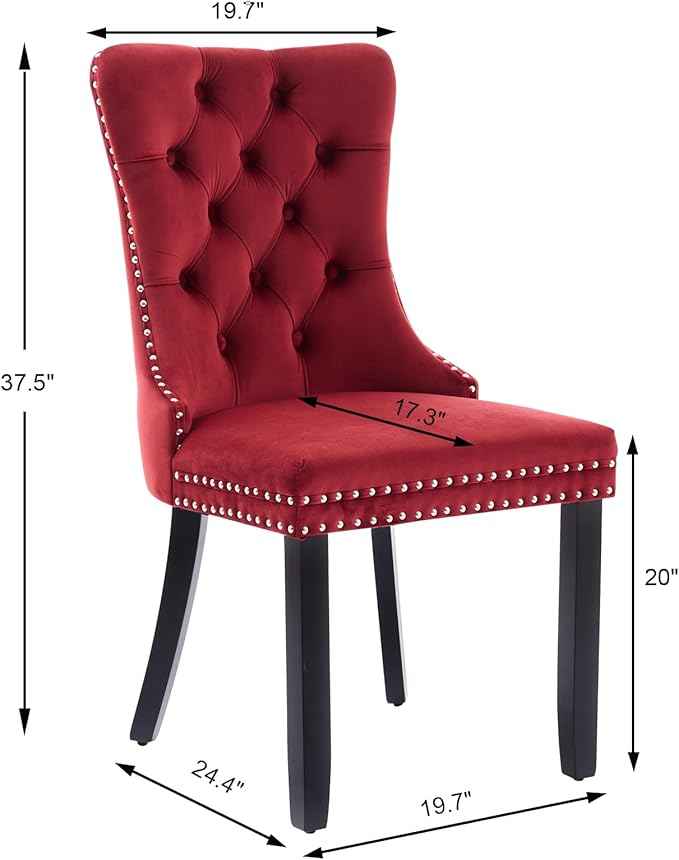 Velvet Dining Chairs Set of 2, Upholstered Dining Room Chairs with Back Ring Pull Trim and Solid Wood Legs,Tufted Wingback Kitchen Chairs for Dining Room,Kitchen(Wine Red)