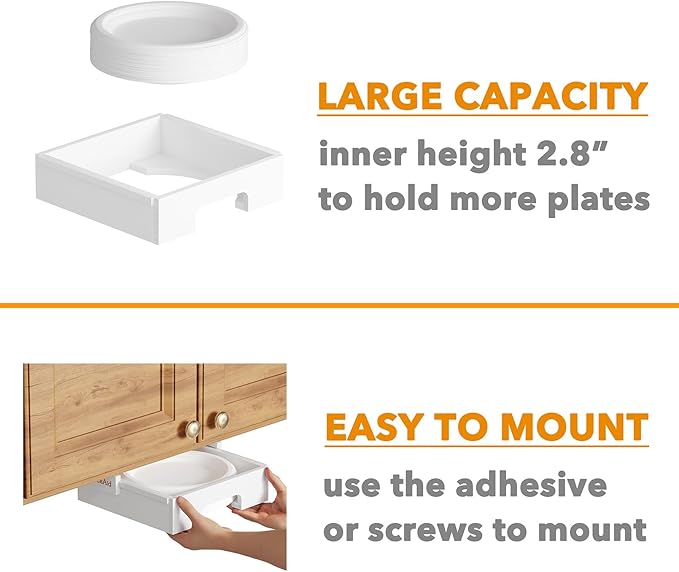 SpaceAid 9-inch Paper Plate Dispenser (Need 10.2 Inches Deep Cabinet Space) Under Cabinet Bamboo Plates Holder, Kitchen Vertical Dipensers Caddy, White
