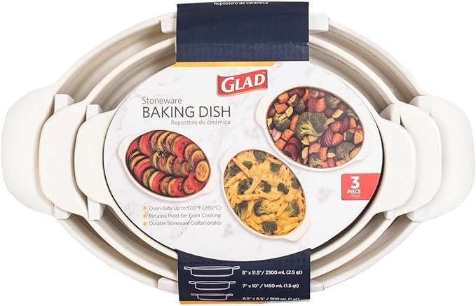 Glad Baking Dish Set, 3pc - Oval Stoneware Casserole Dishes for Oven and Microwave - Nesting Bakeware Set with Handles (11.5'', 10'', and 8.5''), Dishwasher Safe