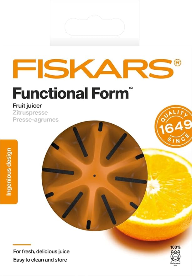 Fiskars Fruit Juicer, With Container, Diameter: 11.9 cm, Synthetic Material, Functional Form, White/Orange, 1016125