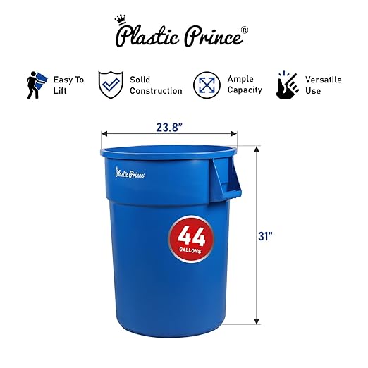 PLASTIC PRINCE 44 Gallon Round Trash Can with Lid and Dolly Blue Plastic Commercial Garbage Container for Home Garage Restaurants Warehouses - Bundle