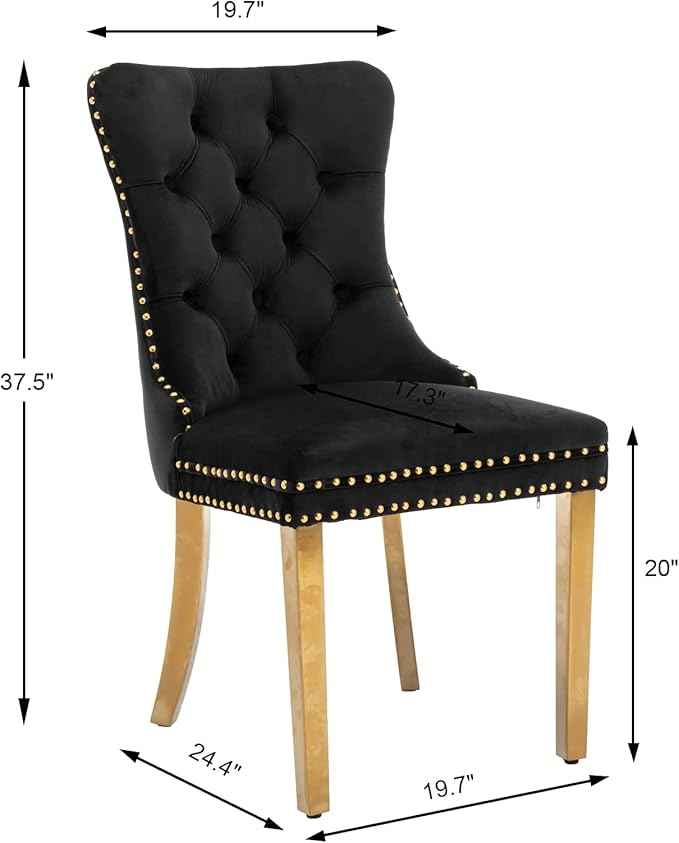 Black Velvet Dining Chairs Set of 4, Upholstered Dining Room Chairs with Back Ring Pull Trim and Golden Stainless Steel Legs,Modern Dining Chairs for Dining Room,Kitchen(Black)