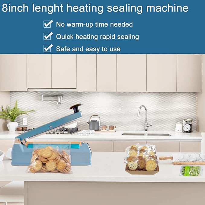 Impulse Heat Sealer 8 Inch 5mm Mylar Bag Sealer Heat Seal Machine, 110v Manual Heat Sealer for Plastic/Poly/Cookie Bags, 8 Replacement Parts & Teflon Cloth Strip(2 Round Cutter Lines Included)