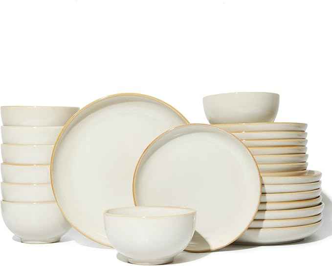 Plates and Bowls Sets for 8, 24 Piece Dinnerware Set for Large Families & Entertaining, Elegant Design, Dishwasher & Microwave Safe, Chip Resistant and Durable, Yellow White