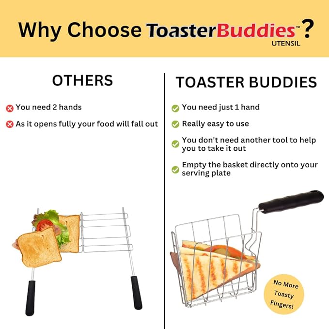 TOASTER BUDDIES, 2-Piece, Toaster basket, Sandwich Racks, 2 Slice-Toaster, Compatible with allmost all pop-up toasters, Toaster gadget, Regular, Black
