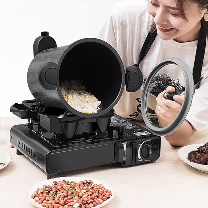 Automatic Cooking Machine 360° Rotatable Stir Fry Machine Multifunctional Stir Fry Pot for Home Outdoor Camping Travel Cooking (RED)