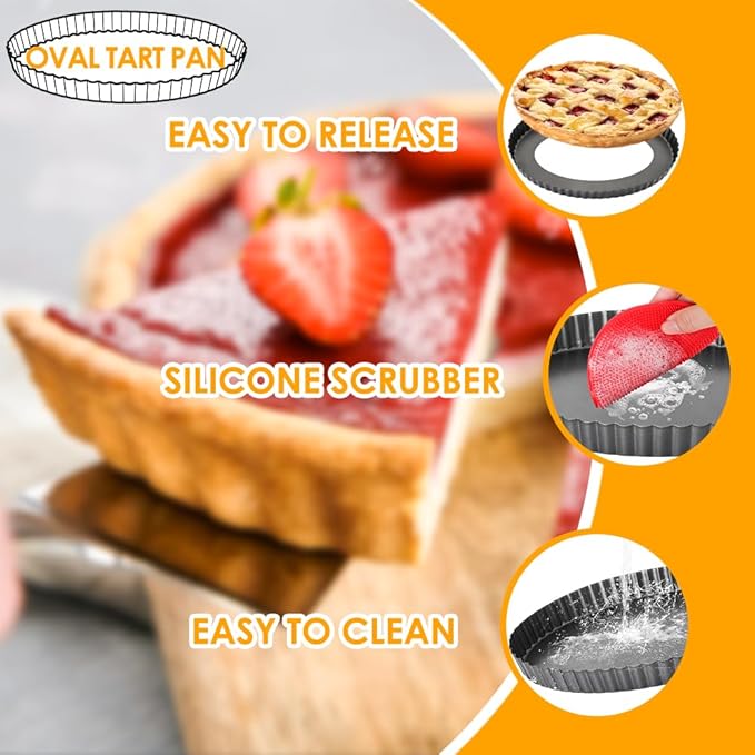 Tart Pan 10 Inch Oval Quiche Pan, Carbon Steel Pie Pans with Oil&Dish Brush Non-Stick Quiche Tart Pan with Removable Bottom for Tarts, Pies, Mousse Cakes and Desserts