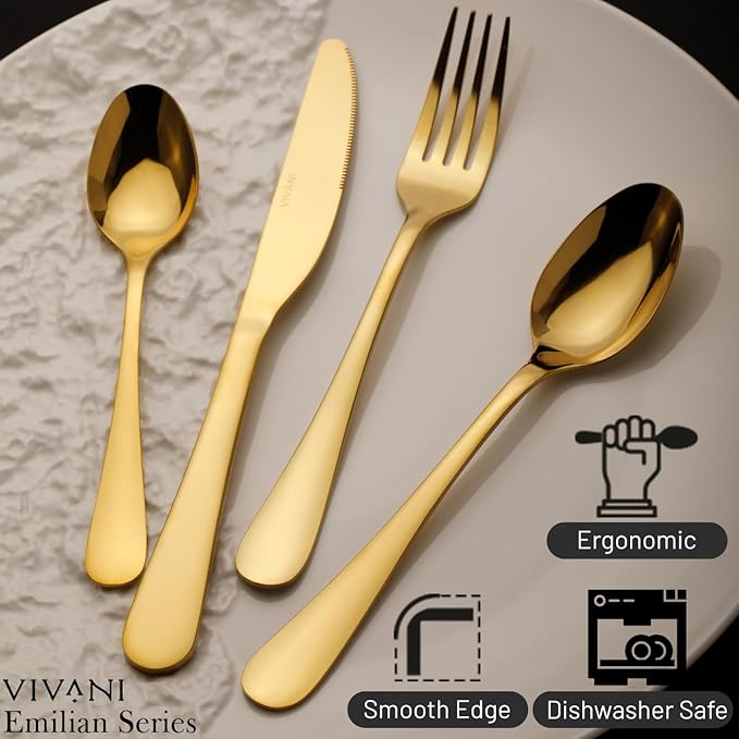 VIVANI Gold Silverware Set for 4, 16-Piece Stainless Steel Flatware Sets, Gold Utensils Set, Cutlery Set, Knife Spoons and Forks Set for Home, Restaurant, Dorm, Dishwasher Safe
