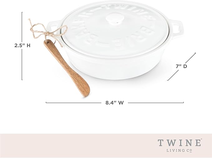 Twine Ceramic Brie Baker with Acacia Wood Spreader, Brie Baking Dish with Lid, Brie Cheese Baking Dish, Ceramic Bakeware, White, Set of 1