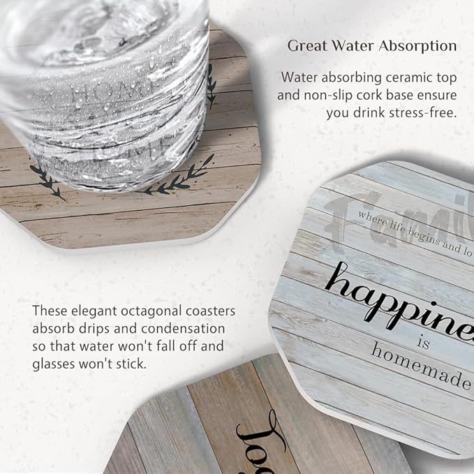 UMIRRO Rustic Farmhouse Coasters for Coffee Table Decor, Ceramic Coaster Set with Holder for Wooden Table, Cute Cup Coasters for Drinks Absorbent, Housewarming Gifts for New House/Home, 4", 6 Pack